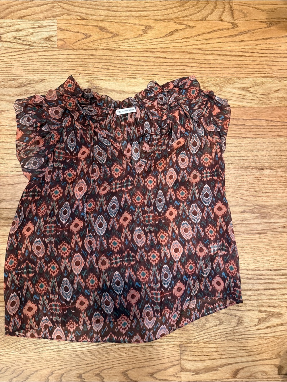 Ulla Johnson Brown and Rust Printed Ruffle-Neck Camisole